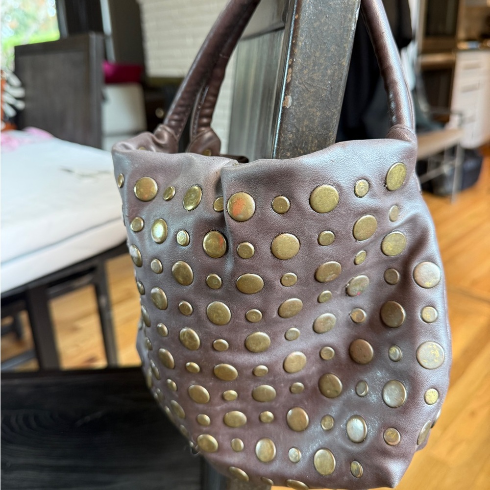 Brown Leather Mini Bag with Studded Grommets